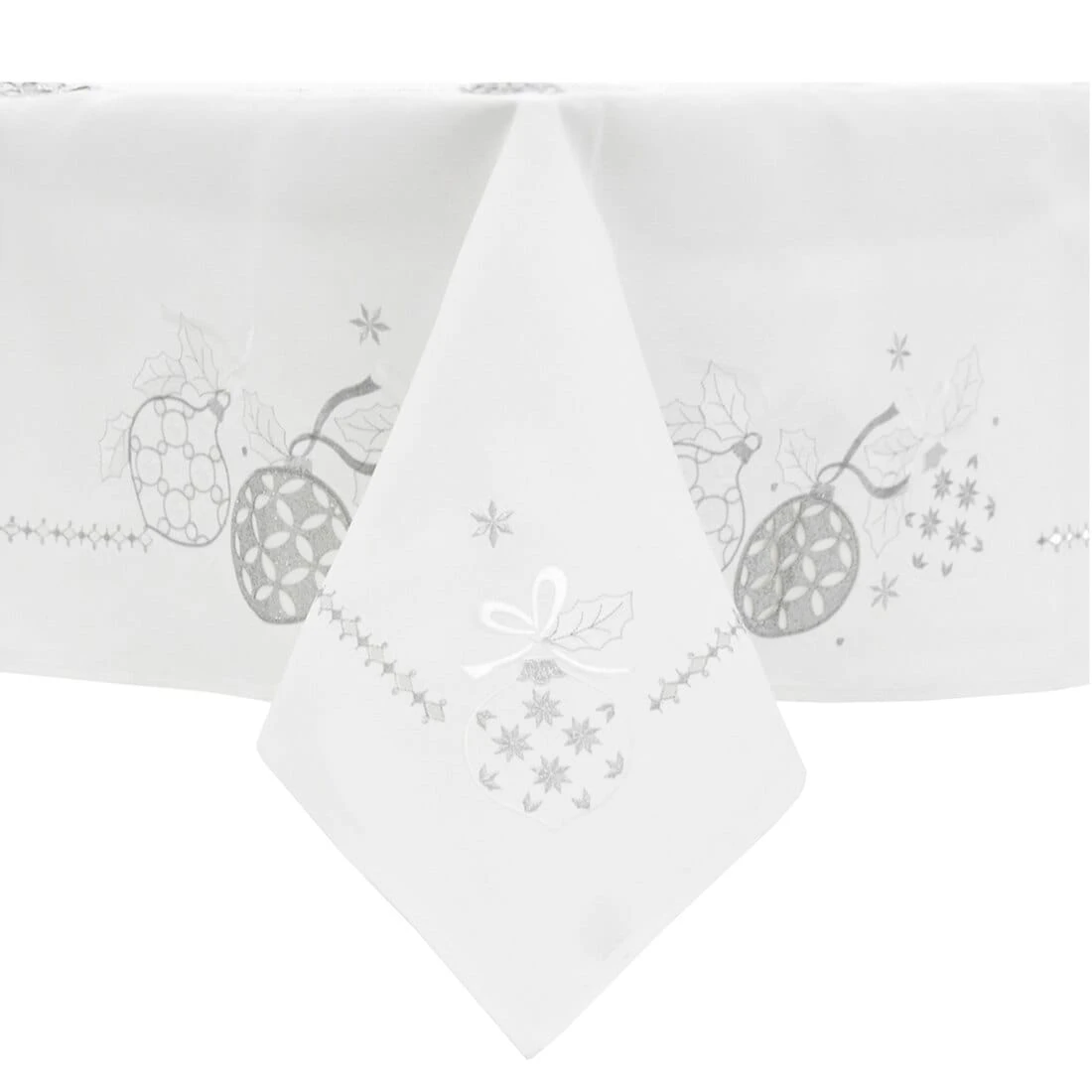 Christmas Baubles Tablecloths Napkins Fabric White Red 1 Christmas Baubles Tablecloths Napkins Fabric White Red