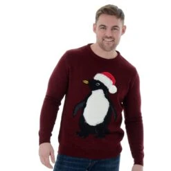 Mens Novelty Knitted Fluffy Penguin Burgundy Christmas Jumper