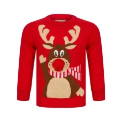 Kids Waving Reindeer Pom Pom Nose Christmas Jumper -XS Stock Shop 4A190271F 1.opt