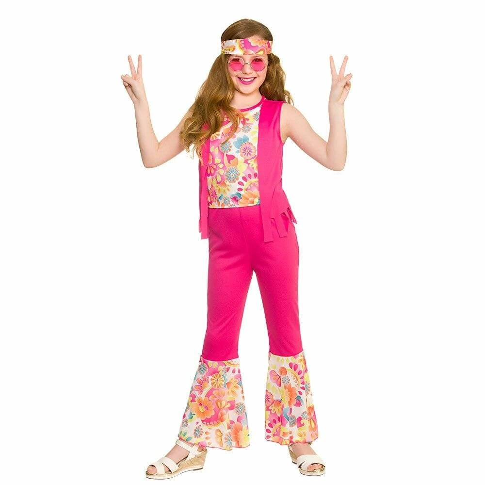 Girls Groovy Hippie Fancy Dress Costume 60s Pink Flares 1 Girls Groovy Hippie Fancy Dress Costume 60s Pink Flares