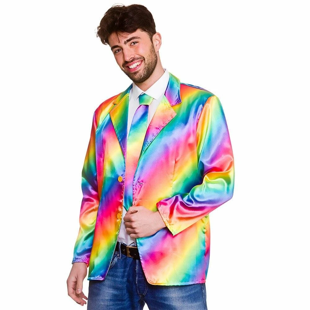 Mens Rainbow Jacket & Tie Fancy Dress Halloween Stag Pride 1 Mens Rainbow Jacket & Tie Fancy Dress Halloween Stag Pride