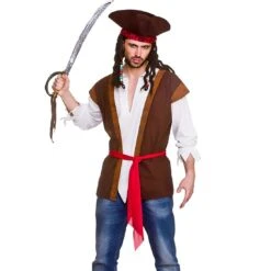 Mens Pirate Shirt & Waistcoat Fancy Dress Sparrow Captain