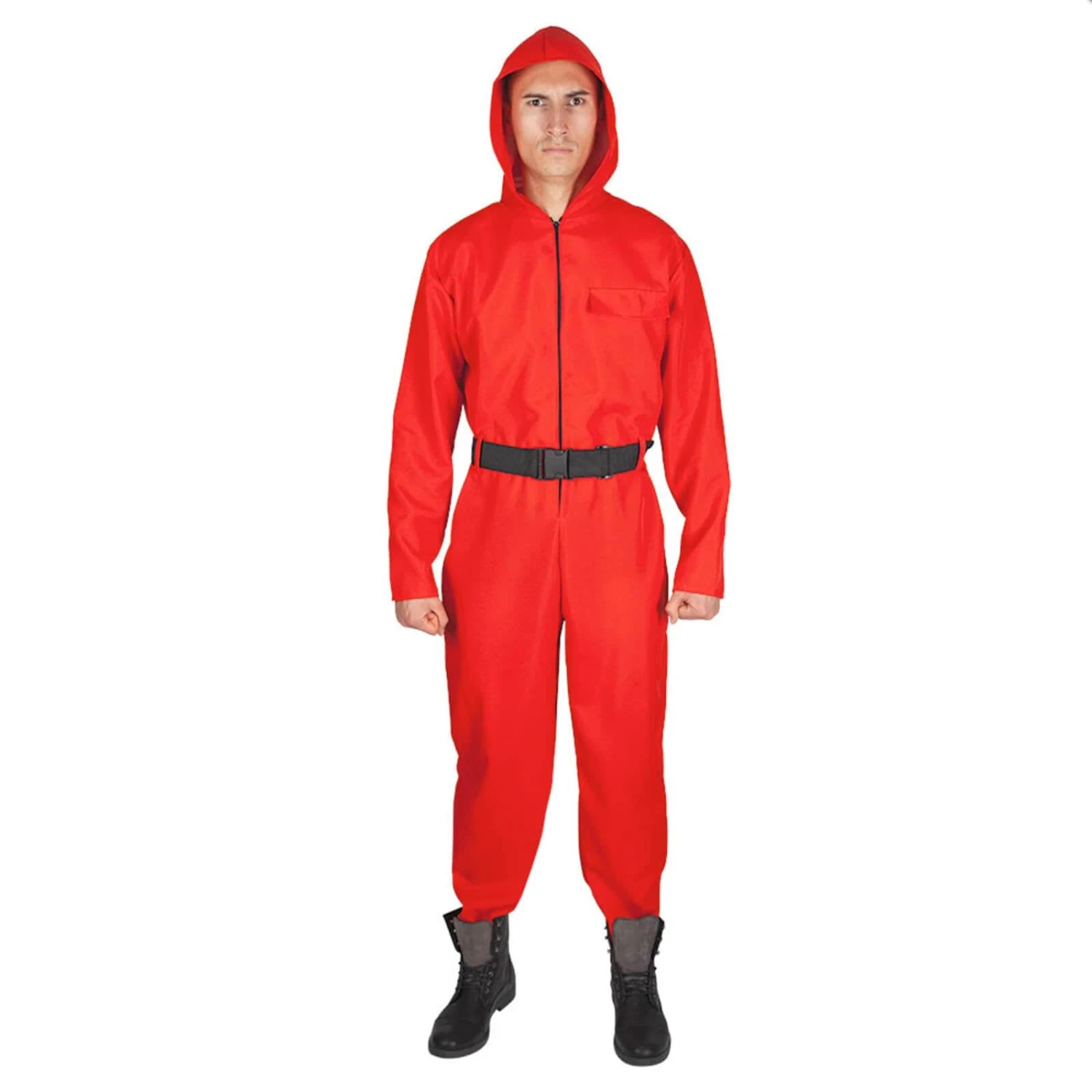 Adults Hooded Jumpsuit With Belt Red TV Game Fancy Dress 1 Adults Hooded Jumpsuit With Belt Red TV Game Fancy Dress