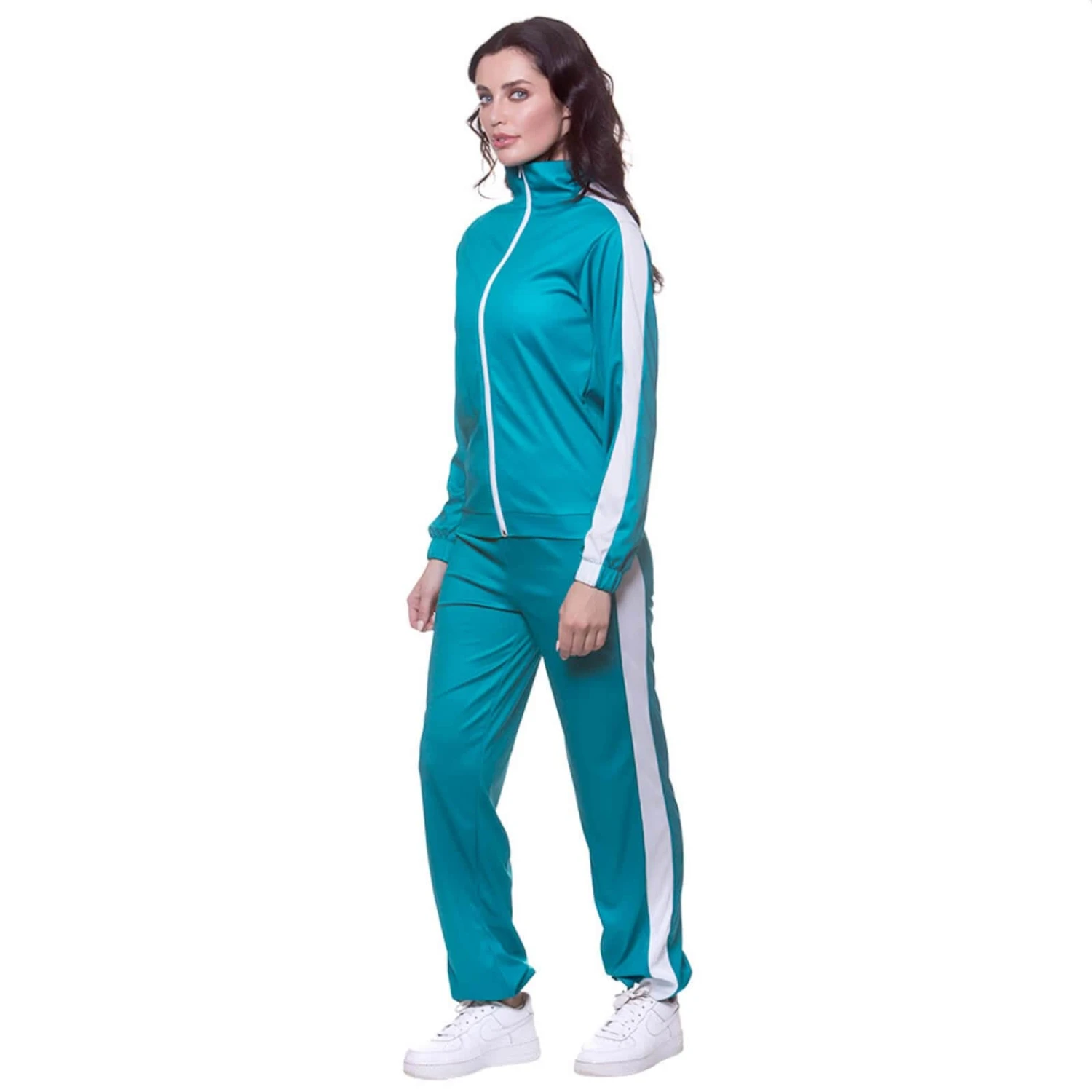 Adults Teal Tracksuit White Stripe Jogging Fancy Dress Costume 2 Adults Teal Tracksuit White Stripe Jogging Fancy Dress Costume - Image 2