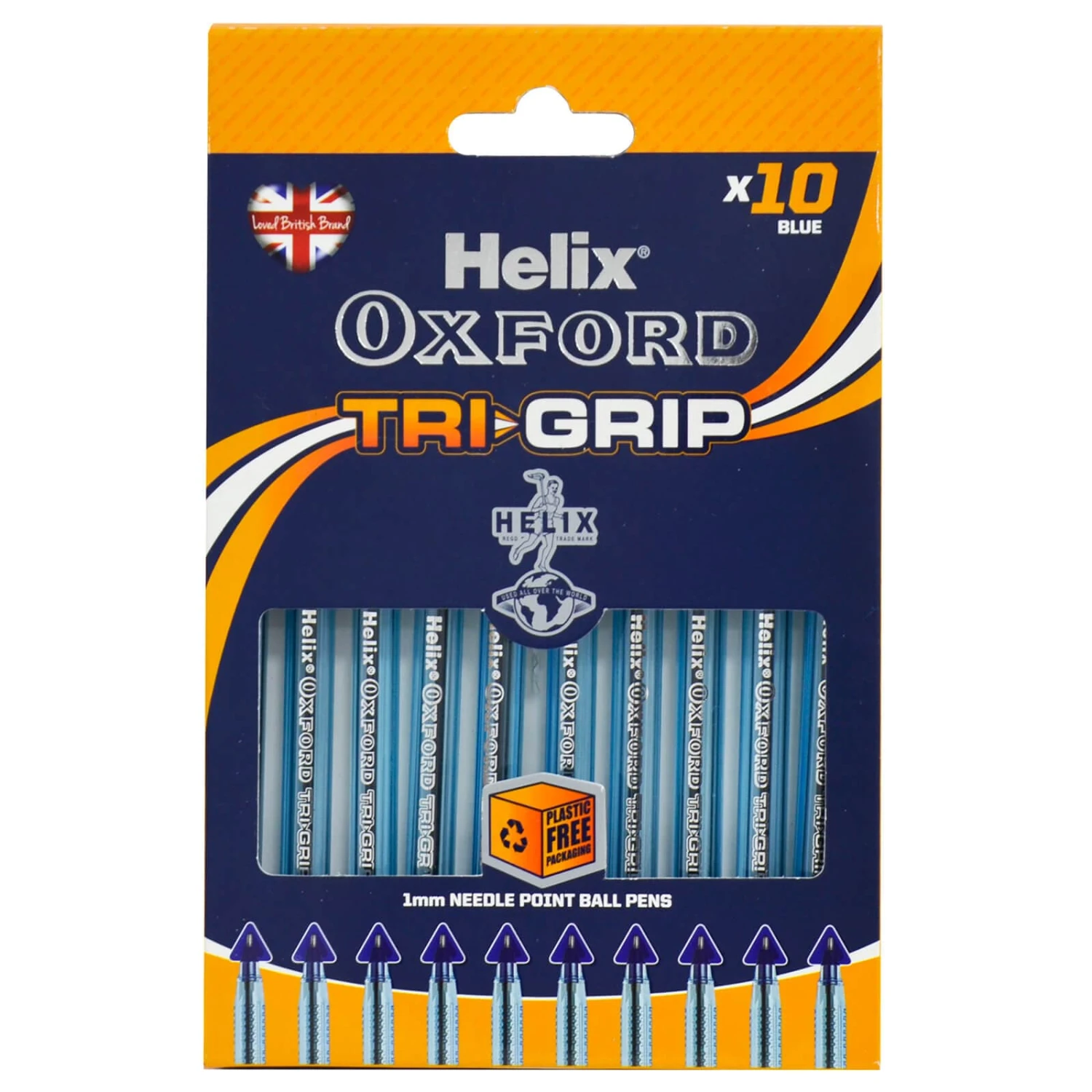 Pack Of 10 Blue Ink Tri-Grip Ball Pens Helix Oxford 1mm Needle Point 1 Pack Of 10 Blue Ink Tri-Grip Ball Pens Helix Oxford 1mm Needle Point