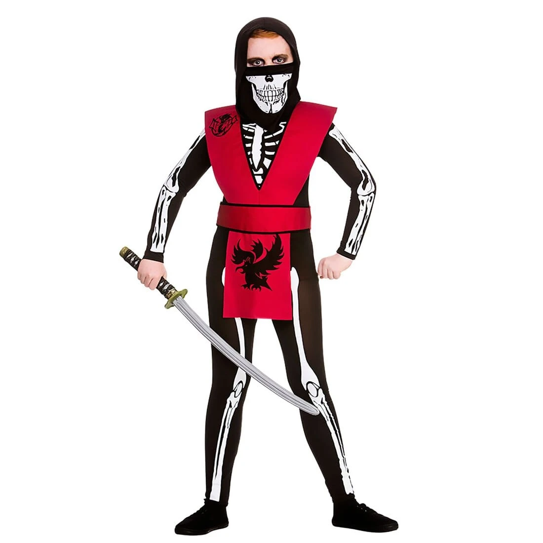 Skeleton Ninja Kids Red Black Suit Bones Fancy Dress Costume 1 Skeleton Ninja Kids Red Black Suit Bones Fancy Dress Costume