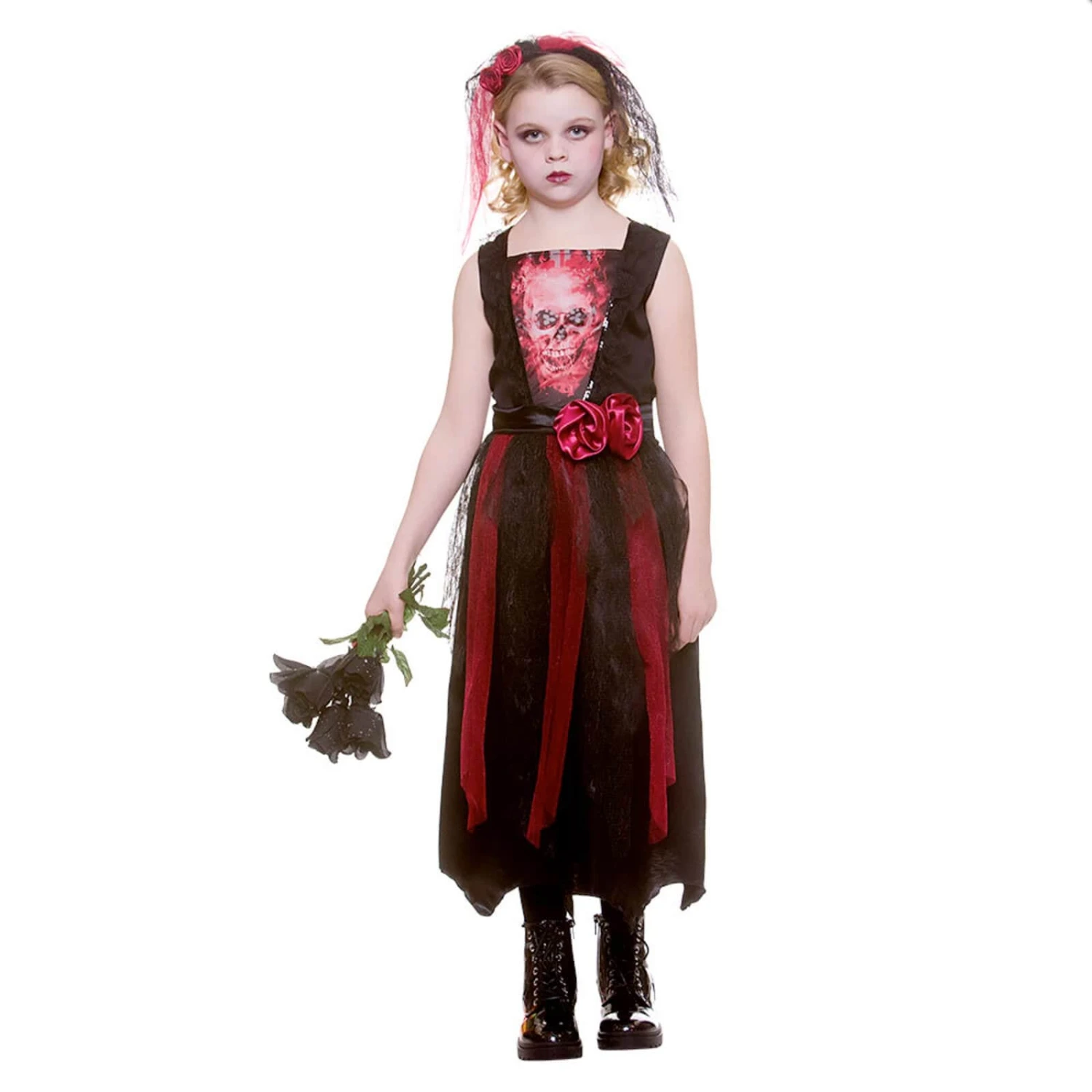Girls Bride Of The Dead Costume Black Red Dress Roses Veil 1 Girls Bride Of The Dead Costume Black Red Dress Roses Veil