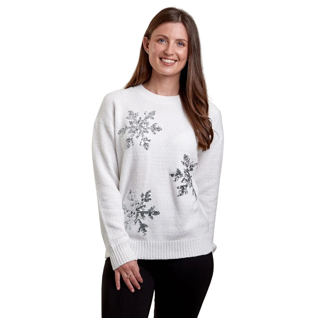 Womens Christmas Jumper Snowflakes Silver Sequins Cream Grey 2 Womens Christmas Jumper Snowflakes Silver Sequins Cream Grey - Image 2