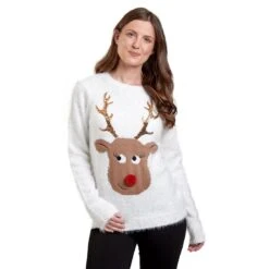 Womens Christmas Jumper Cream Happy Reindeer Sequins Top