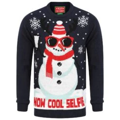 Mens Snowman Christmas Jumper Snow Cool Selfie -XS Stock Shop SRG1A15799 F 1 opt