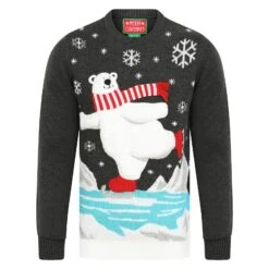 Mens Christmas Jumper Polar Bear Ice Skating With Striped Scarf -XS Stock Shop SRG1A15803 A 1 opt