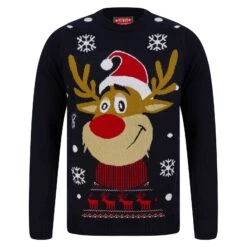 Mens Smiling Rudolph Reindeer Christmas Jumper -XS Stock Shop SRG1A17079 A 1.opt