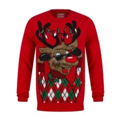 Mens LED Faux Fur Rudolph Argyle Christmas Jumper