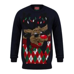Mens LED Faux Fur Rudolph Argyle Christmas Jumper -XS Stock Shop SRG1A17388 F.opt