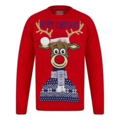 Mens Classic Rudolph Faux Fur Christmas Jumper 3D Pom Pom -XS Stock Shop SRG1A17389 F.opt