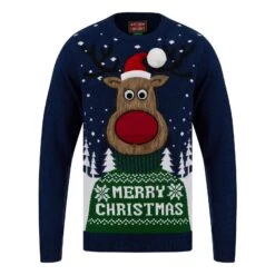 Mens Merry Reindeer Fluffy Rudolph Christmas Jumper -XS Stock Shop SRG1A17540 F 1.opt