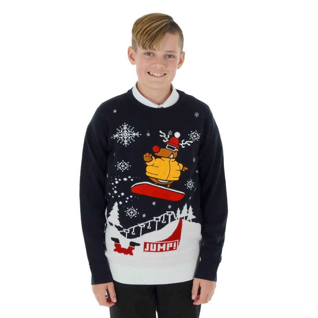 Kids Snowboarding Rudolph Christmas Jumper Snowflakes Fun 1 Kids Snowboarding Rudolph Christmas Jumper Snowflakes Fun