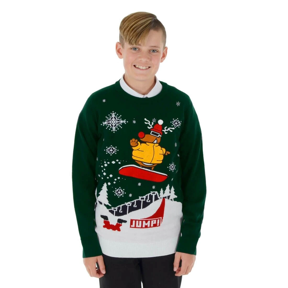Kids Snowboarding Rudolph Christmas Jumper Snowflakes Fun 2 Kids Snowboarding Rudolph Christmas Jumper Snowflakes Fun - Image 2