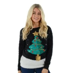Womens Christmas Jumper Flashing Lights Tree Sequins Star Black