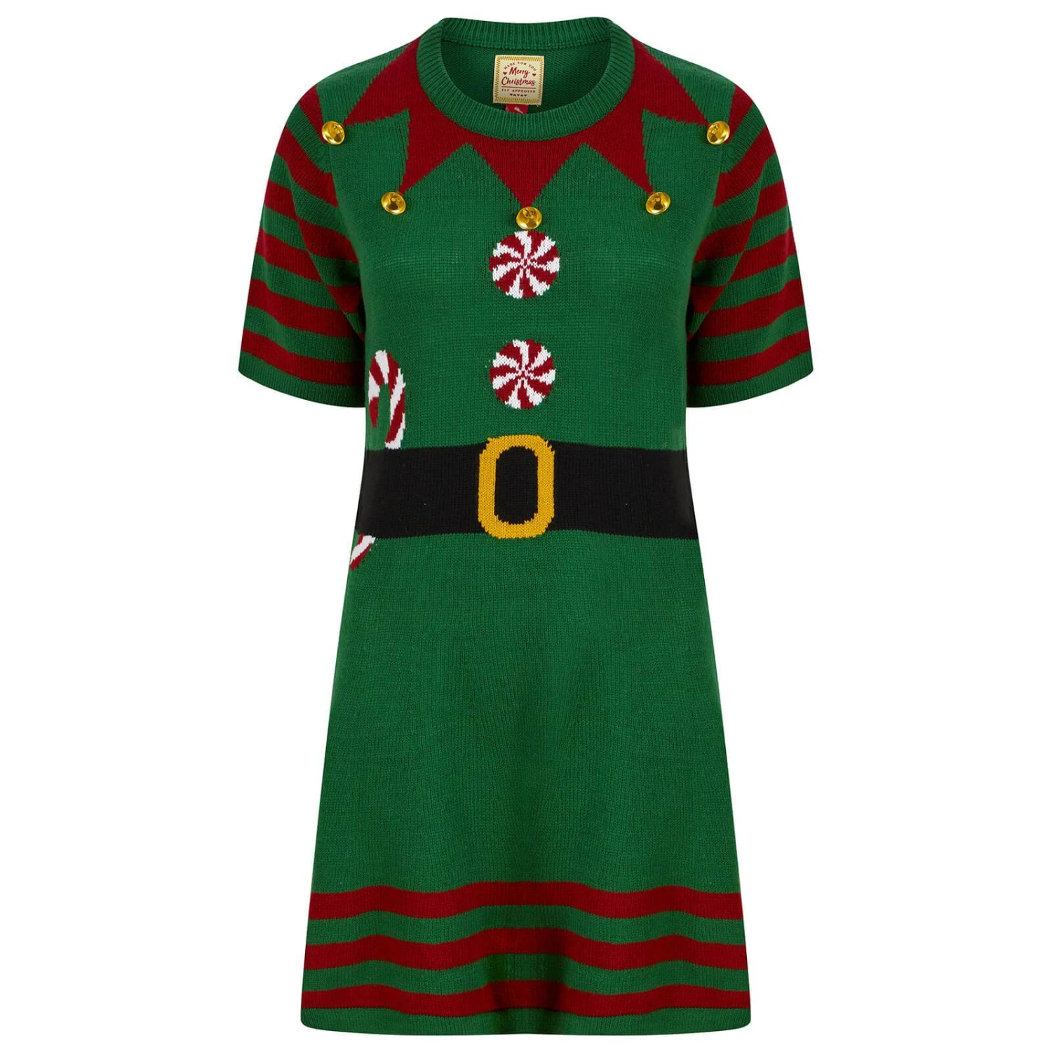 Womens Elf Jumper Dress Santas Little Helper With Gold Bells 1 Womens Elf Jumper Dress Santas Little Helper With Gold Bells
