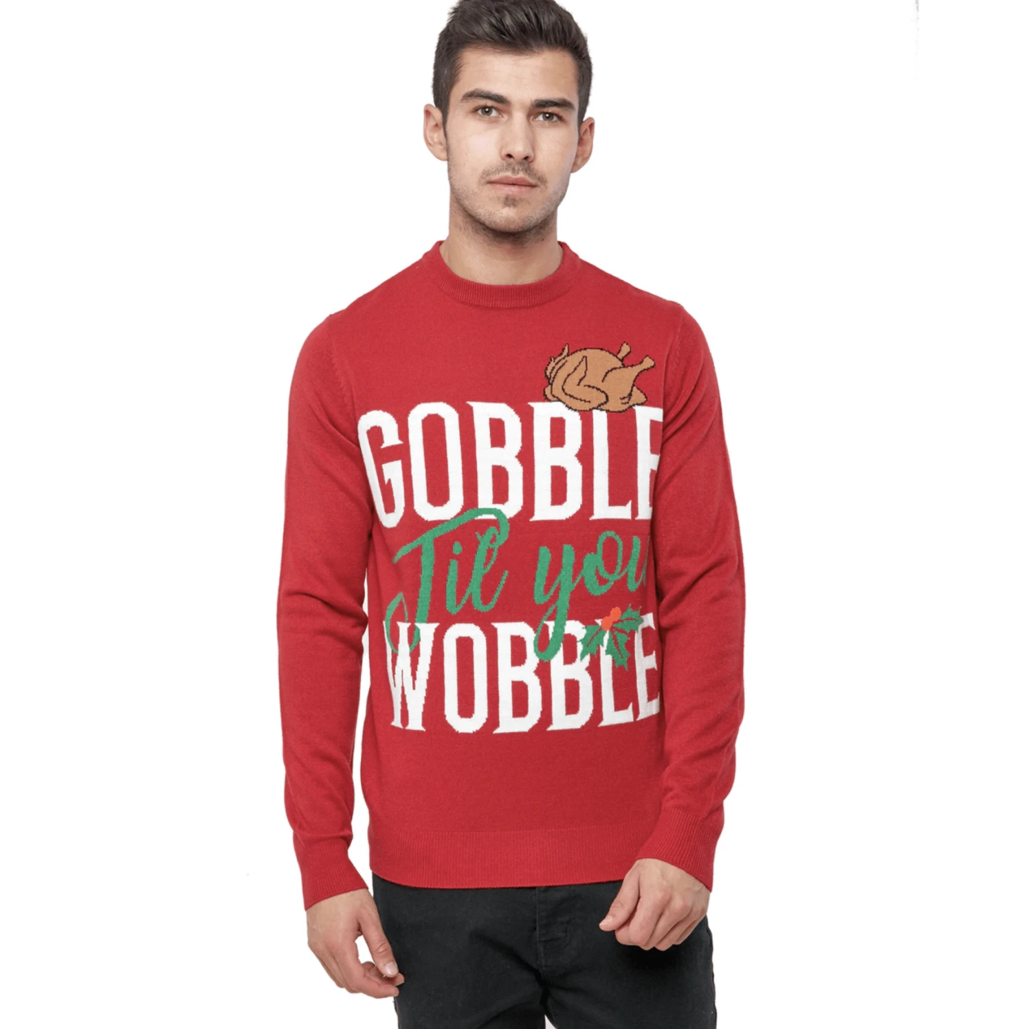Mens Christmas Jumper Gobble Til You Wobble Slogan Red Fun 1 Mens Christmas Jumper Gobble Til You Wobble Slogan Red Fun