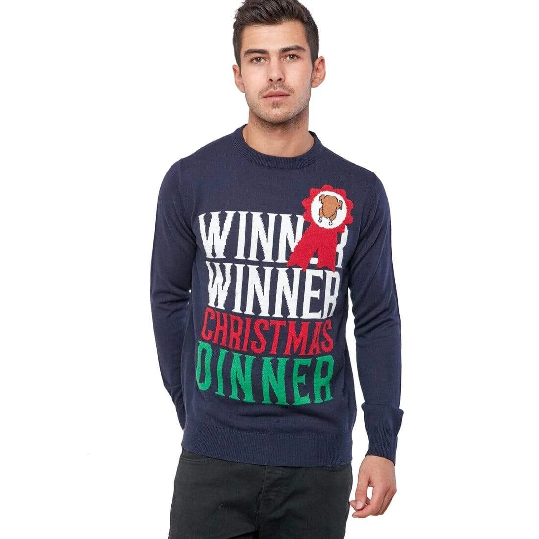 Mens Christmas Jumper Winner Xmas Dinner Slogan Navy Turkey 1 Mens Christmas Jumper Winner Xmas Dinner Slogan Navy Turkey