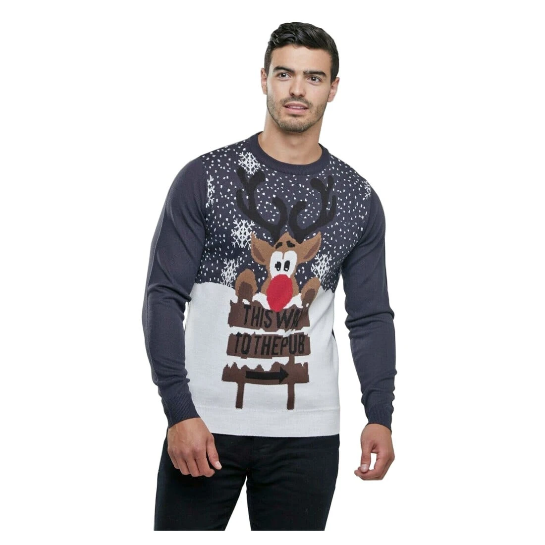 Mens Christmas Jumper Navy This Way To Pub Snowflakes Xmas 1 Mens Christmas Jumper Navy This Way To Pub Snowflakes Xmas