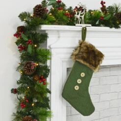 Christmas Stocking Decoration Green Felt With Knitted Front