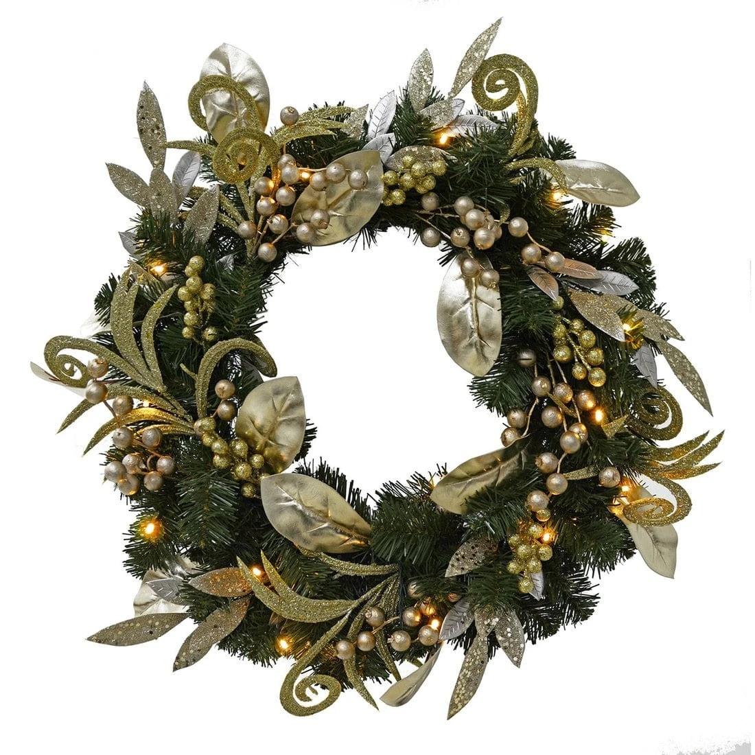 Christmas Wreath Pre-Lit Silver Gold Leaf Berries 60cm (2ft) 4 Christmas Wreath Pre-Lit Silver Gold Leaf Berries 60cm (2ft) - Image 4