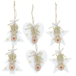 6PK White Wooden Reindeer Christmas Tree Decorations