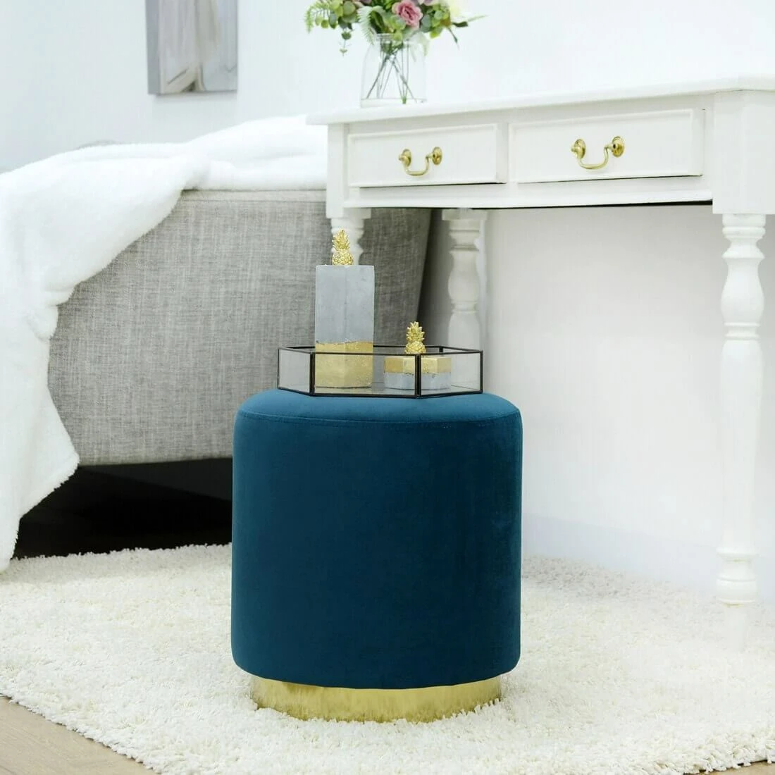 Hodge & Hodge Sophia Stylish Velvet Stool With Gold Base 1 Hodge & Hodge Sophia Stylish Velvet Stool With Gold Base