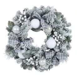 Snow Flocked Christmas Wreath With Grey Tartan Bows 60cm