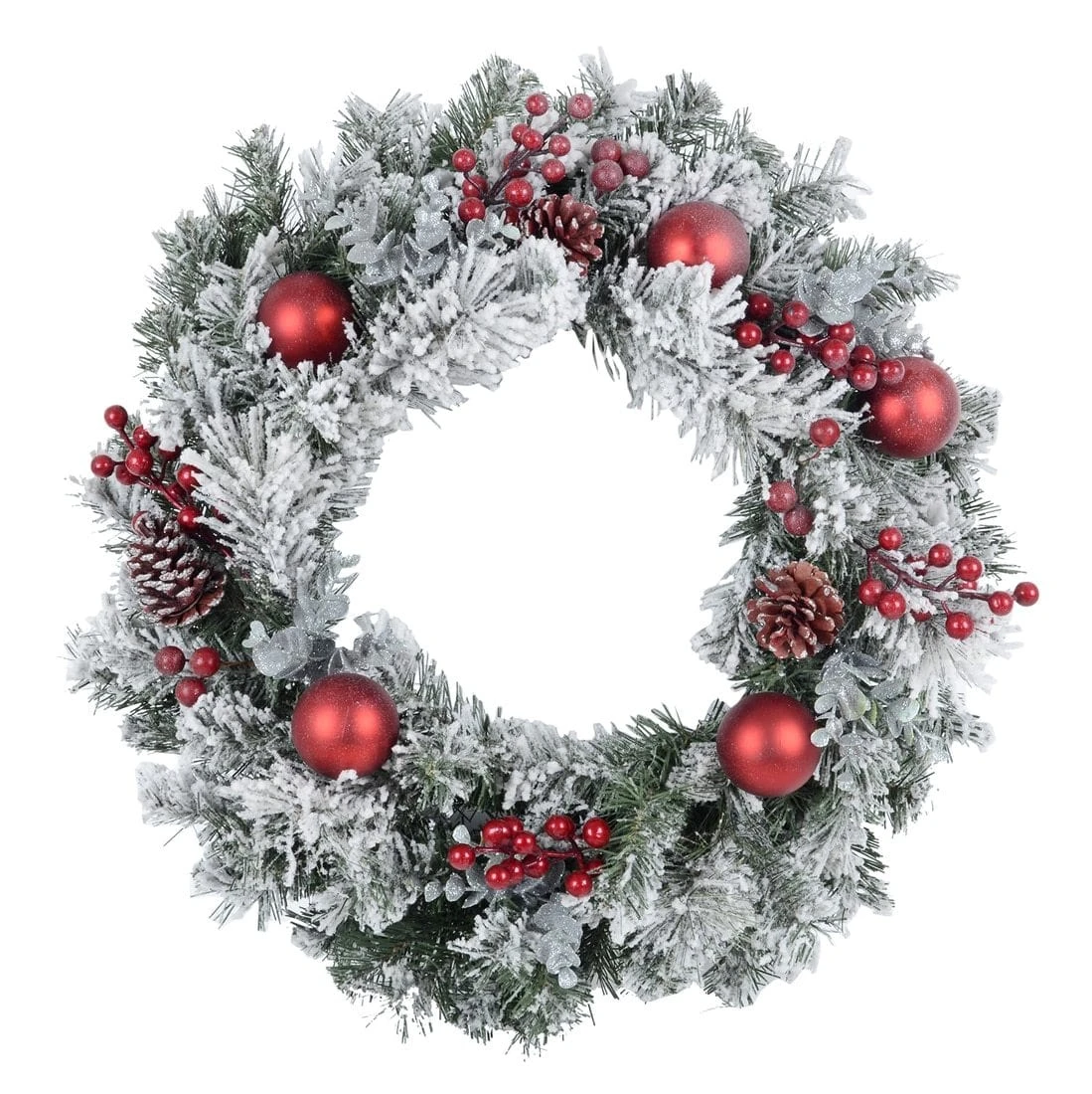 Snow Flocked Christmas Wreath With Red Berries Baubles 60cm 1 Snow Flocked Christmas Wreath With Red Berries Baubles 60cm