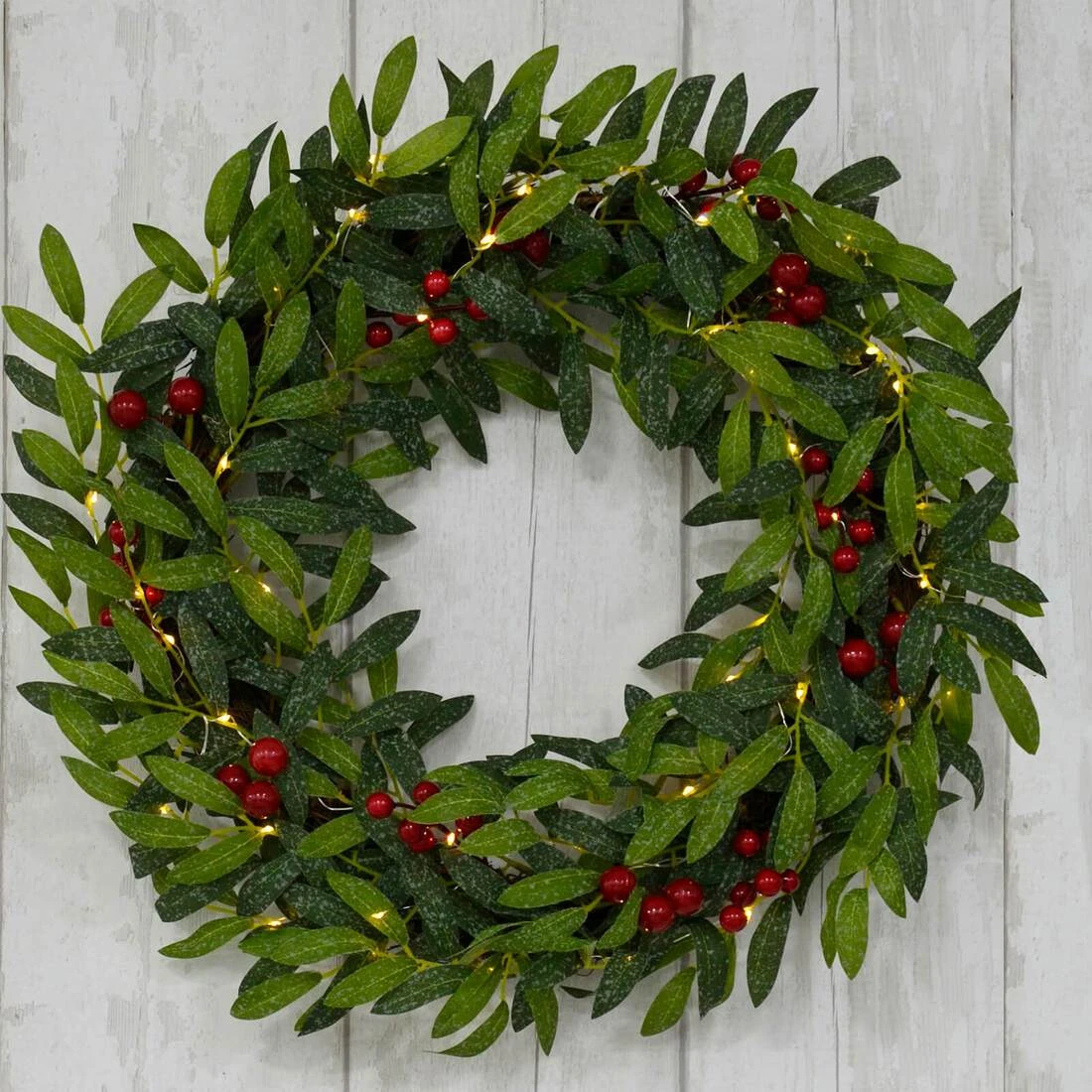 24" Pre Lit Christmas Wreath Fabric Leaves Berries Battery Op 2 24" Pre Lit Christmas Wreath Fabric Leaves Berries Battery Op - Image 2