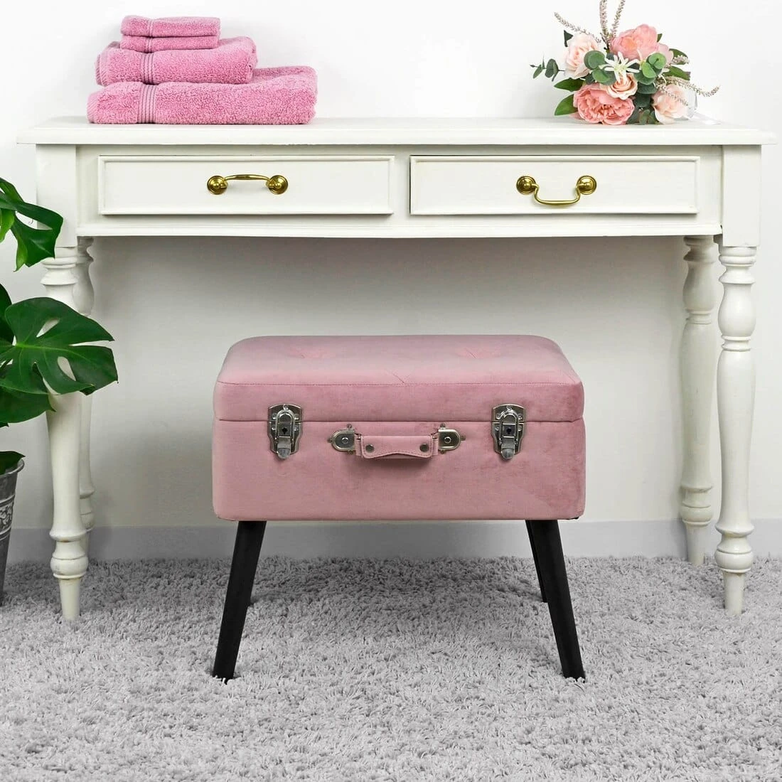 Suitcase Storage Stool Velvet Seat Black Legs Silver Clasps 1 Suitcase Storage Stool Velvet Seat Black Legs Silver Clasps