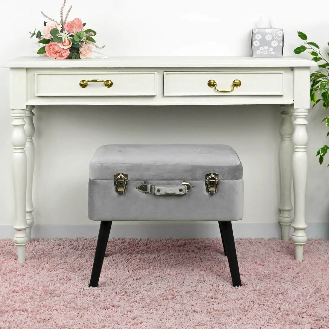 Suitcase Storage Stool Velvet Seat Black Legs Silver Clasps 6 Suitcase Storage Stool Velvet Seat Black Legs Silver Clasps - Image 6