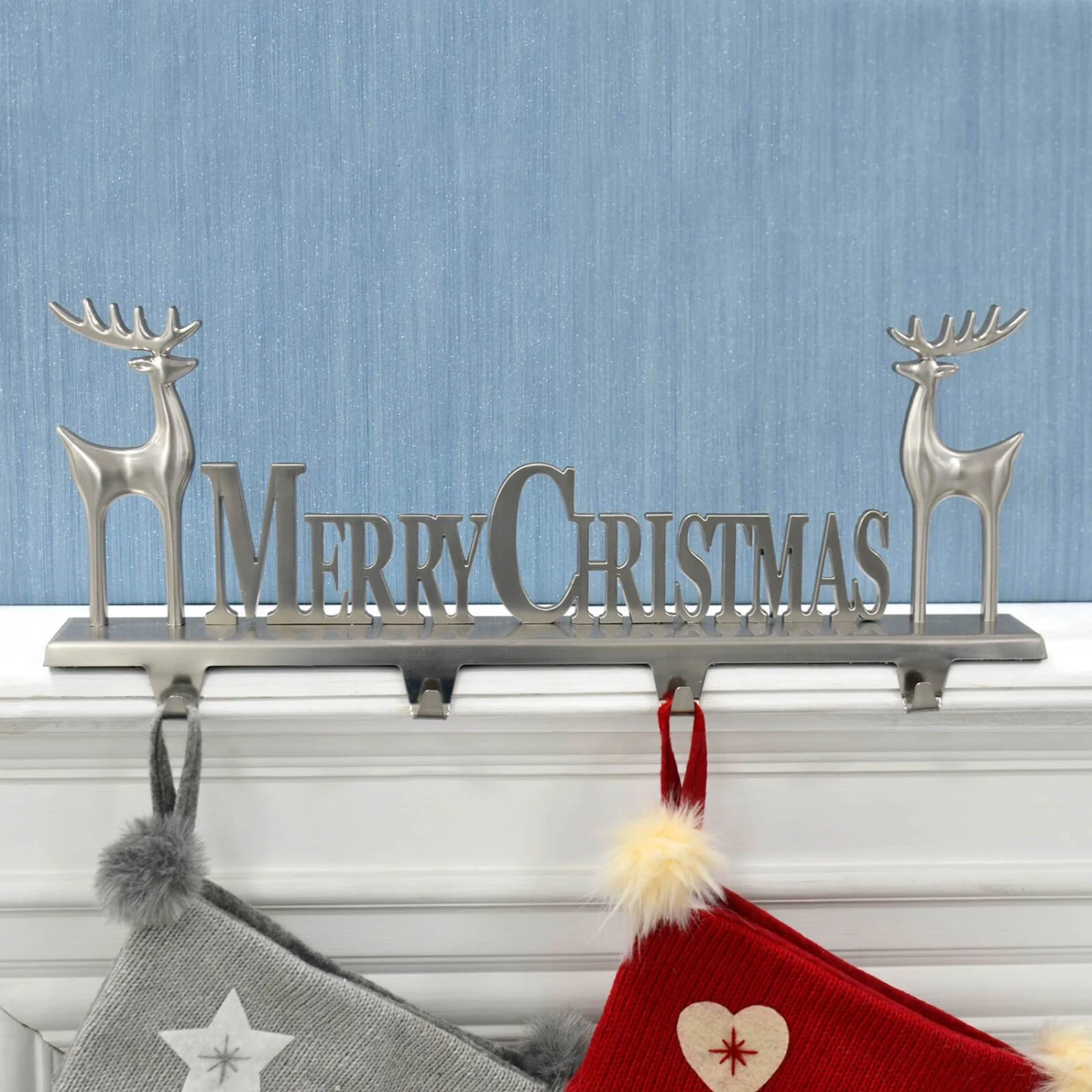 Silver Merry Christmas Stocking Hanger 4 Hooks Reindeer Decoration 1 Silver Merry Christmas Stocking Hanger 4 Hooks Reindeer Decoration