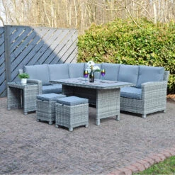 Havana Garden Dining Set Grey Rattan 3 Seater Sofas Table Stools