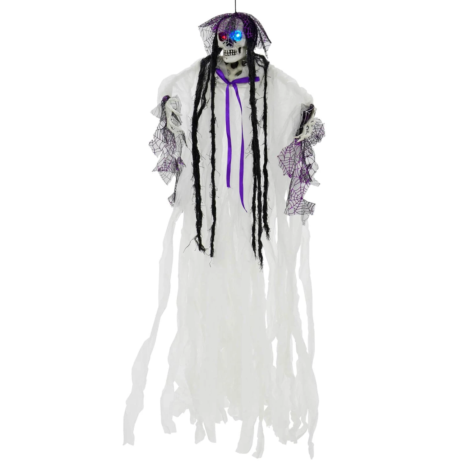 4ft Hanging Skeleton Flashing Eyes Purple Bow Webs Decoration 1 4ft Hanging Skeleton Flashing Eyes Purple Bow Webs Decoration