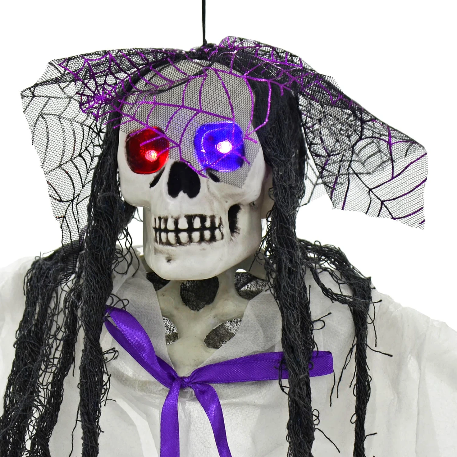 4ft Hanging Skeleton Flashing Eyes Purple Bow Webs Decoration 4 4ft Hanging Skeleton Flashing Eyes Purple Bow Webs Decoration - Image 4