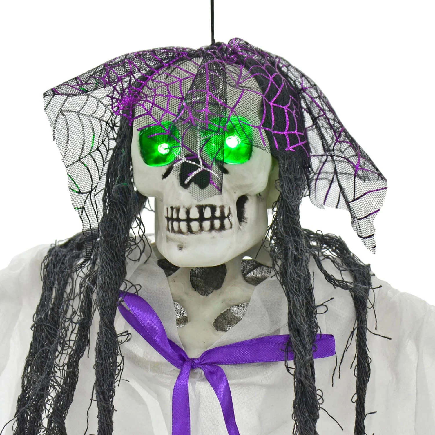 4ft Hanging Skeleton Flashing Eyes Purple Bow Webs Decoration 2 4ft Hanging Skeleton Flashing Eyes Purple Bow Webs Decoration - Image 2