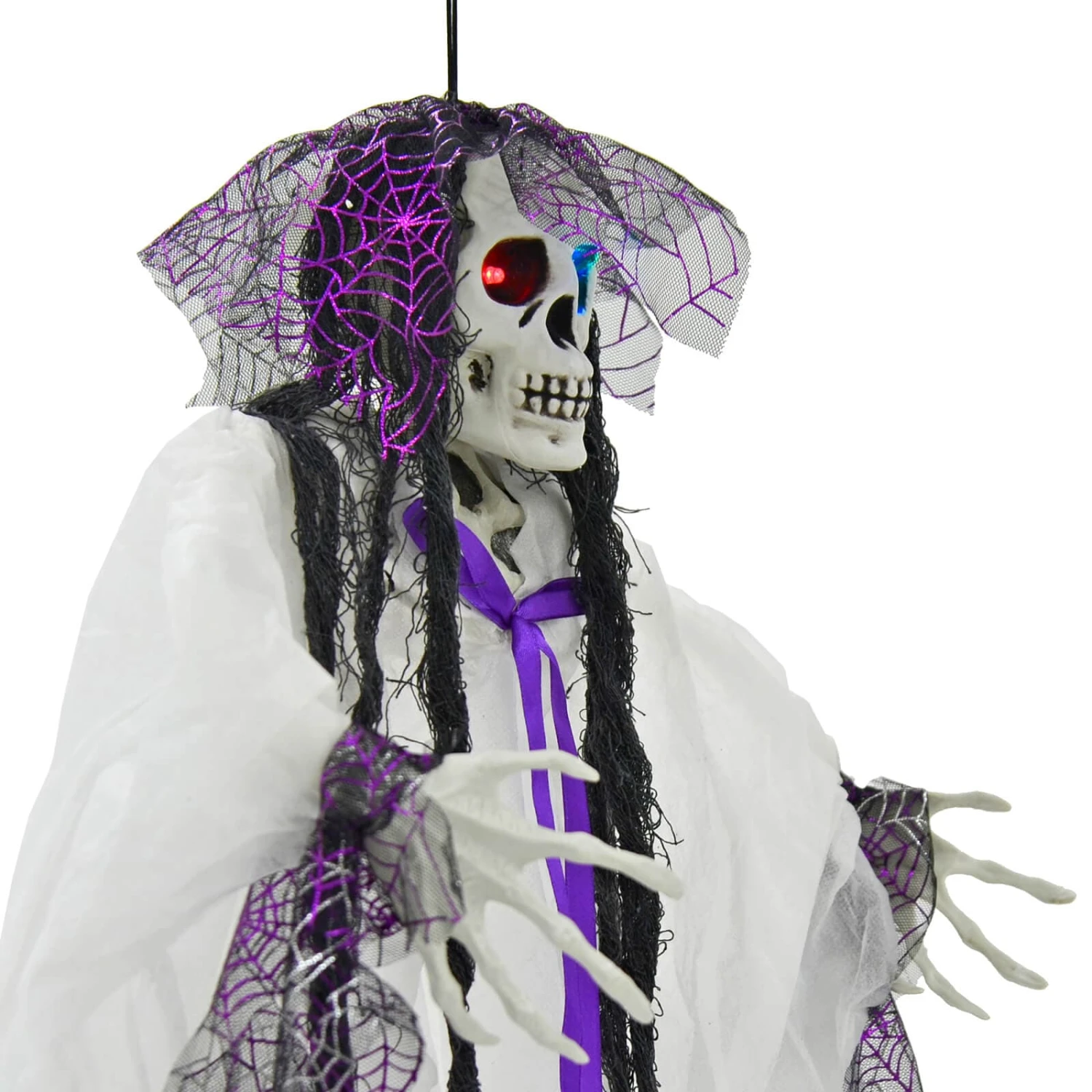 4ft Hanging Skeleton Flashing Eyes Purple Bow Webs Decoration 3 4ft Hanging Skeleton Flashing Eyes Purple Bow Webs Decoration - Image 3