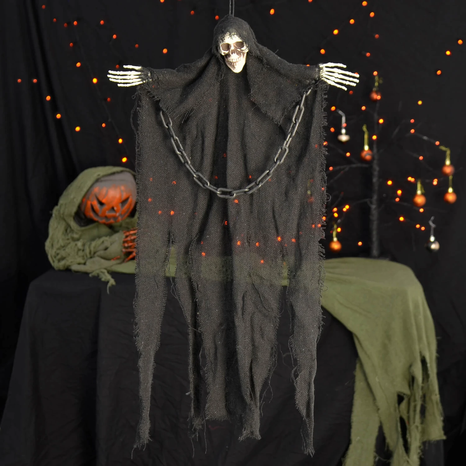 Hanging Skeleton With Chains Black Robe Ghost Decoration 60cm 1 Hanging Skeleton With Chains Black Robe Ghost Decoration 60cm