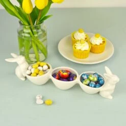 White Rabbits With Easter Egg Candy Bowls Table Decoration