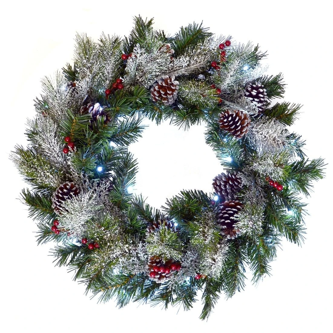 LED Snow Frosted Christmas Wreath With Berries & Pine Cones 1 LED Snow Frosted Christmas Wreath With Berries & Pine Cones